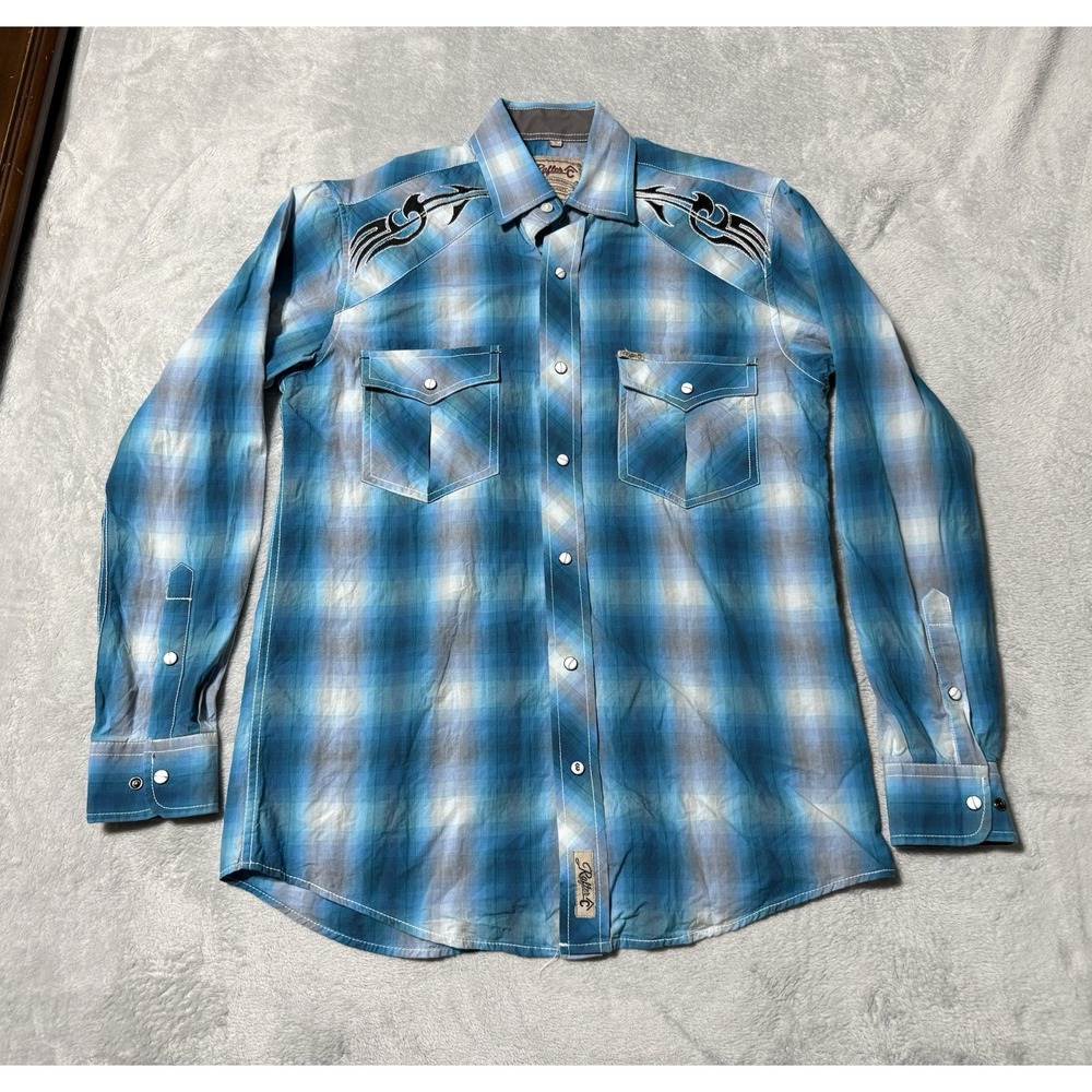 Rafter C Shirt Mens Small Blue Plaid Embroidered Pearl Snap Western